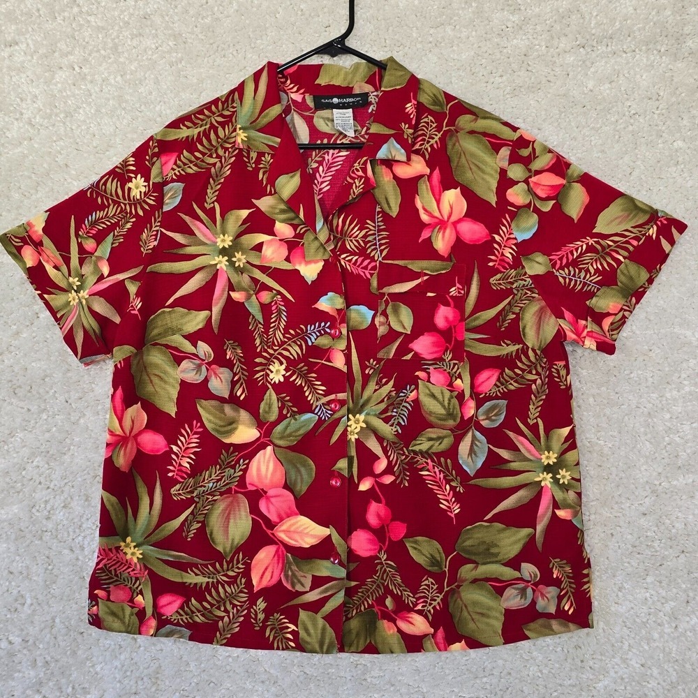 Sag Harbor Tropical Floral Button Down Shirt Women 1X Red Short Sleeve Boho